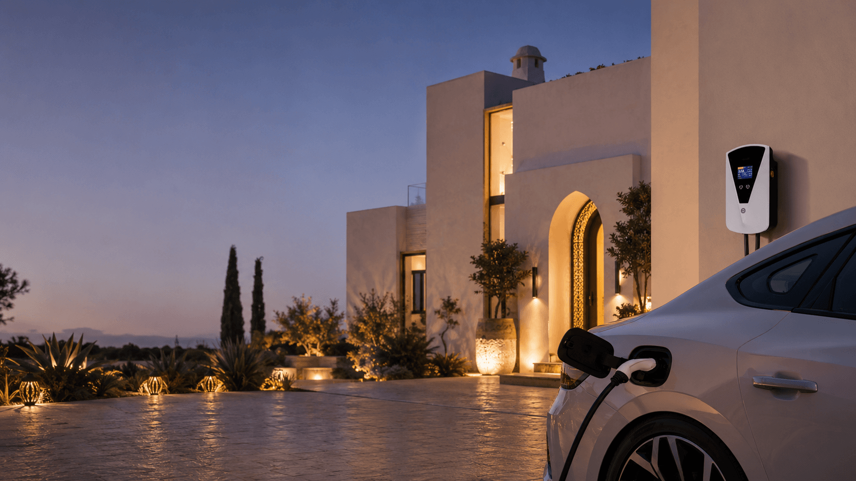 Villa marocaine avec voiture électrique en charge de nuit